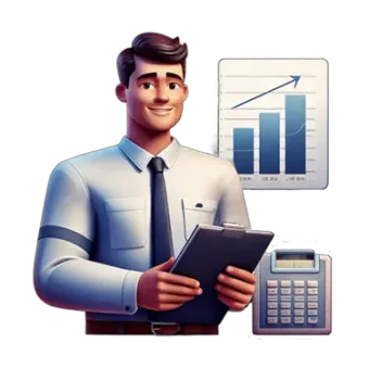 An illustration of a man behind him are some charts and graphs