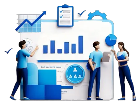 An illustration of a man behind him are some charts and graphs