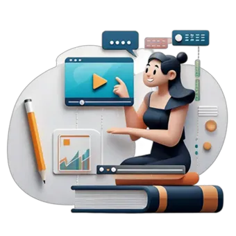 An illustration of a woman interacting with videos and media