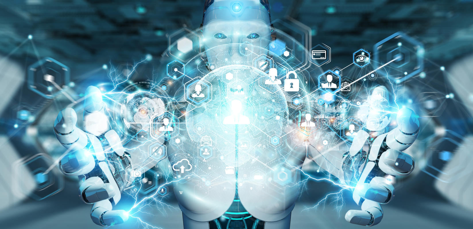 Humanoid robot using futuristic computer interface, artificial intelligence concept.