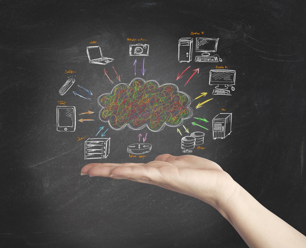 Cloud network graphic showing several devices on chalkboard.