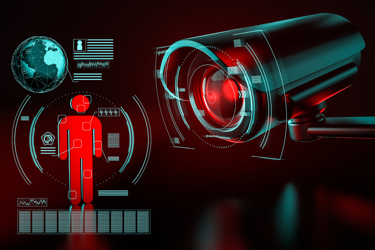 Big Surveillance Camera Focusing on Human Icon Collecting Data, 3D Rendering